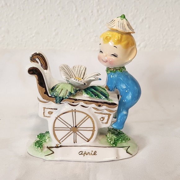 Vintage April Norcrest Daisy F447 Pixie Of The Month Gold Painted Flower‎ Cart - Picture 1 of 10